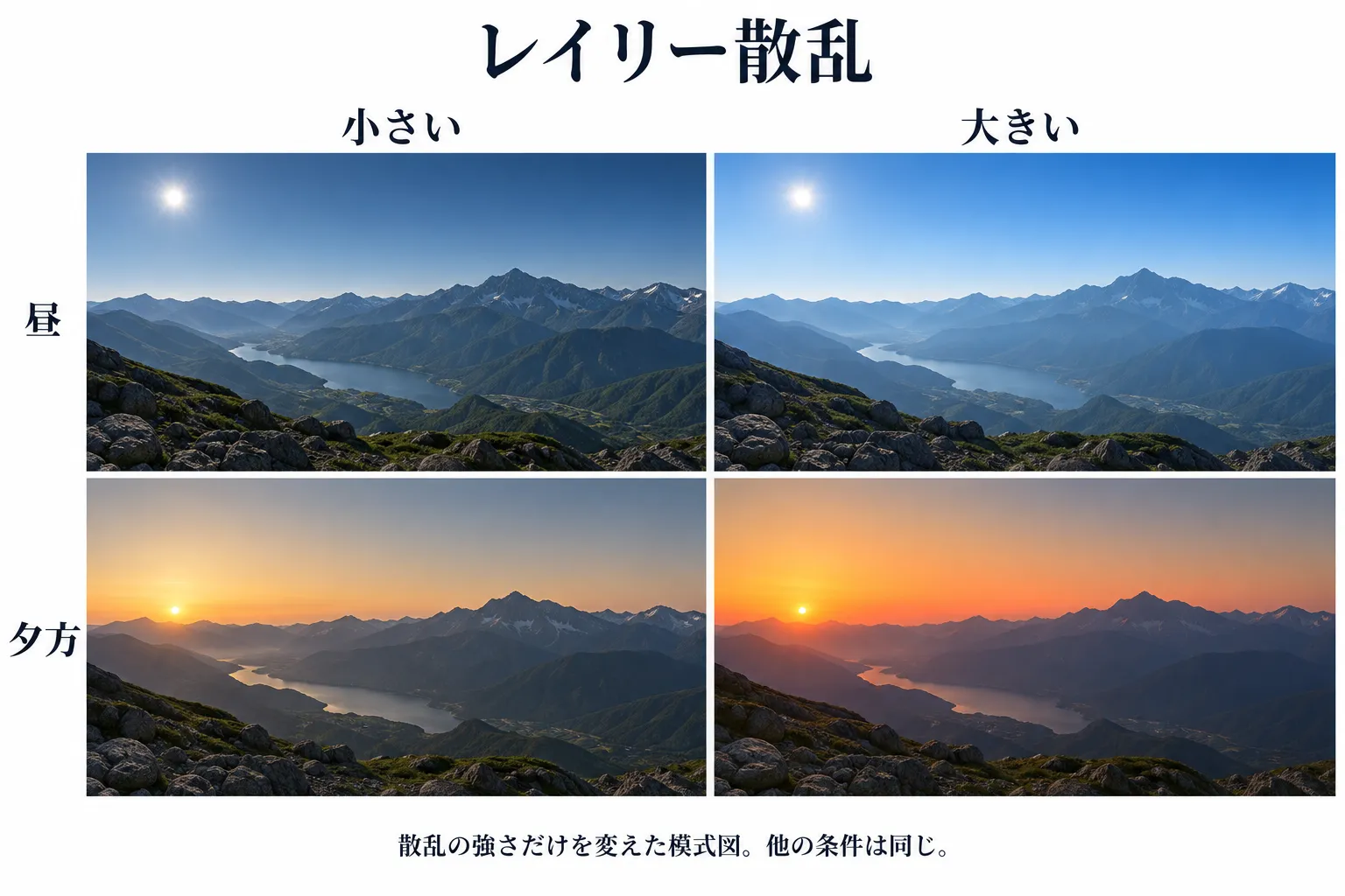 レイリー散乱の強さが小さい場合を左、大きい場合を右に並べ、昼と夕方の空や遠景の見え方を比較した模式図